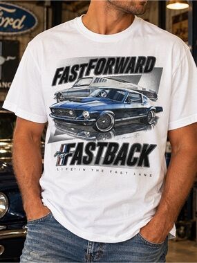 Ford Mustang Fastback Graphic Tee Men’s XL White Muscle Car T-Shirt